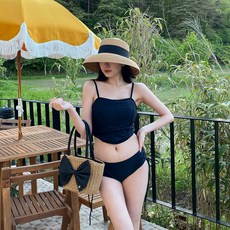 시크블랙 로니아 사이드 셔링 컷팅 포인트 비키니 수영복 투피스 세트 cpbw122c45, 블랙
