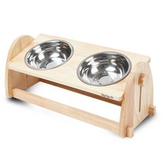 DING DONG PET 可調式木質寵物不鏽鋼飼料碗架, 混合顏色, 1個