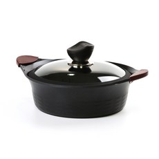 QUEEN SENSE Fiord電磁爐適用雙耳陶瓷不沾淺湯鍋+玻璃鍋蓋, 24cm, 單色