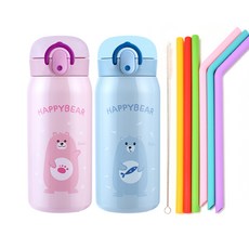 彈蓋式保溫瓶 2入+吸管 6入組, 粉紅色+天空藍, 350ml, 1組