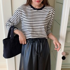 무드인더 여성용 라운드넥 긴팔 단가라 패치 티셔츠