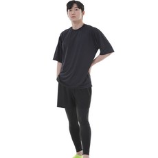 ILLUSO 男款寬鬆版型短袖素色防磨衣上衣 + 四分短褲假兩件內搭褲套裝