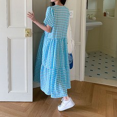 마이시즌 여성용 브이넥 체크 캉캉 반팔 롱 원피스