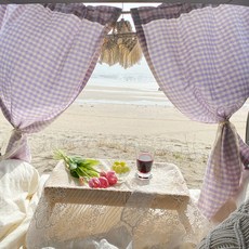 Forhome 手工 Sunday 格紋車宿窗簾 2p + 繩子 + 收納袋組合, 薰衣草迷霧, 1套