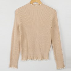 빼빼 여성용 반목 터틀넥 물결 골지 슬림 스판 니트 티셔츠