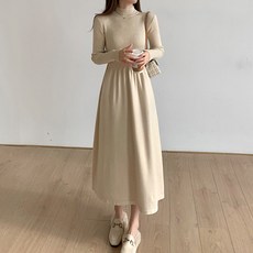 Murielle 女性半高領羅紋針織長版連身裙, 淺米色