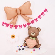 PARTYSHOW 緞帶拉旗生日派對花朵氣球小熊套組, 1套, 愛心焦糖熊熊