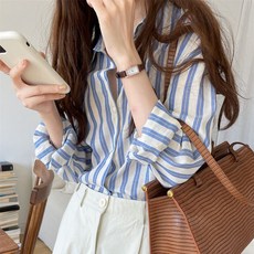 PEONIST 女款條紋藍色翻領襯衫