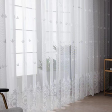 Mimisole 優雅刺繡寢室雪紡紗穿環式窗簾, 白色