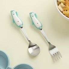 Bogen 韓國製 兒童用 Coconar 企鵝湯匙叉子組, 湯匙 + 叉子, 薄荷藍