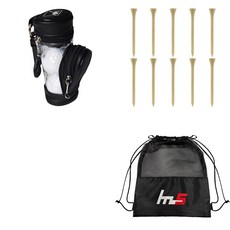 NAYASTYLE 高爾夫球收納袋 + 木製高爾夫加長球Tee 10入 + 收納袋組合 GFYP-133-3 + 182-4PU, 黑色(果嶺叉), 木色(高爾夫球Tee)