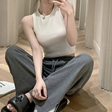 아이엠몽 여성용 디트 뒷트임 섹시 홀터 라운드넥 크롭 민소매 티셔츠