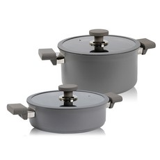 Kitchen-Art 電磁爐適用Beauty系列鑽石塗層鍋具組, 灰色, 雙耳湯鍋24cm(附玻璃鍋蓋)+雙耳淺湯鍋24cm(附玻璃鍋蓋), 1套