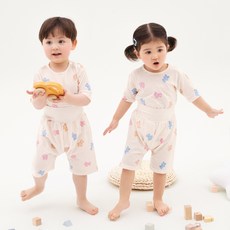올로미미 아동용 통기성 미니베어 메쉬 7부 배앓이 실내복 세트