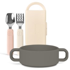 마더케이 실리콘 스푼 + 포크 + 케이스 + 실리콘 양손 이유볼 세트, 핑크(스푼), 아이보리(포크), 그레이(이유볼), 1세트