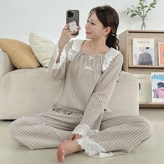 코코드림 여성용 통기성 감성 소녀 순면 레이스 잠옷 상하의 세트 #BNN5515-2