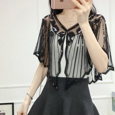 I'M MONG 女款 蜜雨亮片透視披肩短版罩衫開襟衫