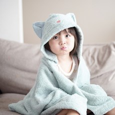 kontex 今治純棉Q萌貓耳連帽浴巾, 薄荷綠, 1個