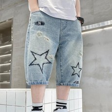 EYOUMONG 寬版星星刺繡水洗丹寧百慕達短褲 E6H157
