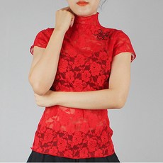 CHORUS LINE 深紅玫瑰圖案透明高領T恤, FREE