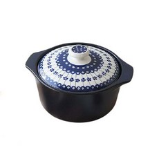 韓國傳統雙耳陶瓷砂鍋+線條印花鍋蓋, 1入, 16.5cm