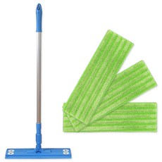 藍色清潔拖把 + 超細纖維高級濕拖用條紋拖把布 3入組, 1套