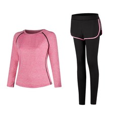 女款時尚瑜伽長袖T恤 粉色+短褲內搭褲組