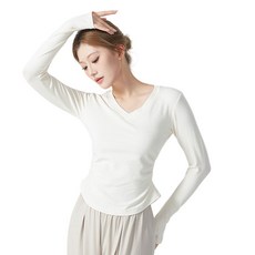 炎夏舞蹈運動V領長袖T恤, 白色