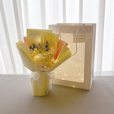 러블리팜 영원히 변하지 않는 아름다움 프리저브드 플라워믹스 꽃다발 + LED 전구 세트 + 쇼핑백, 옐로우, 1개