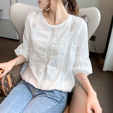 Elsso 女款圓領蕾絲點綴七分袖上衣