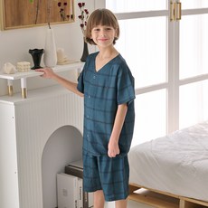 메종마밤 아동용 VNavy체크 5부 학생 잠옷