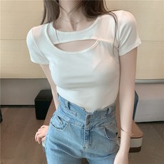 마더브띠 여성용 오픈넥 숏 슬림 반팔 티셔츠