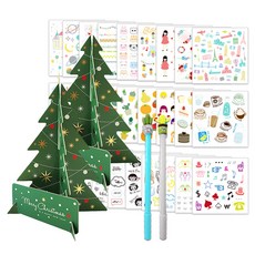 2Youngdesign 聖誕樹站立卡片 2入 + 仙人掌中性筆 隨機出貨 2入 + Ins風貼紙 28款套組, 綠色, 1套
