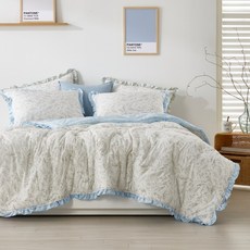 防塵蟎花卉圖案莫代爾Melody換季玉米纖維薄被枕頭套組, 藍色, 被套+枕套套裝