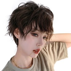 HiYuni 錫紙燙短髮造型短髮全頂假髮 33cm + 髮網 + 支架組合, 炭黑色(假髮), 隨機出貨(支架), 1個