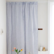 CASA VERDE Camper 穿桿式遮蔽簾 小窗用 + 窗簾綁帶組, 法式藍色條紋(窗簾)