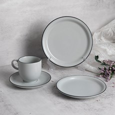 Kanesuzu Clarice 圓形咖啡杯 + 單人早午餐套餐 3件組, 1套, 圓盤1號 + 2號 + 圓形咖啡杯組合, 灰色