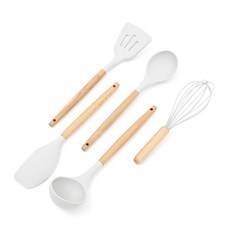 VANESSDECO 原木矽膠廚具組, 5件組, 耐熱不變形, 附懸掛孔, 淺灰色, 1組