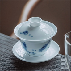 高磁堂慶德鎭青花鯉魚蓋碗, 白+藍, 1個