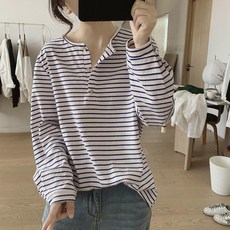 마켓에이 여성용 루즈핏 스트라이프 긴팔 티셔츠