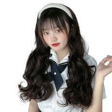 HiYuni 波浪燙髮髮帶假髮 65cm, 象牙白(髮帶), 深棕色(假髮), 1個