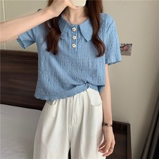 마켓에이 여성용 플라워 단추 반팔 티셔츠