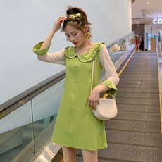 孕婦荷葉邊透膚長袖連身裙