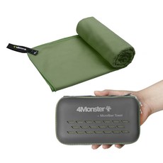 4monster 超細纖維運動毛巾 + EVA拉鍊收納包組合 L號, 苔蘚綠, 1個