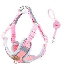 Meongyang 寵物夜間反光安全胸背帶 + 牽繩套組, 粉紅色