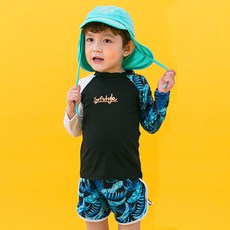 GOING KIDS 童款樹葉印花防曬泳衣+短泳褲+遮陽帽組