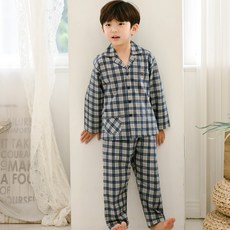 JJiniya 男童學生夕陽格紋40支純棉長袖睡衣上下套裝