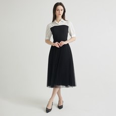 NICE CLAUP 女款紋理拼接襯衫百褶連身裙 N242MWO314BK