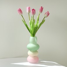 뷰티풀데코센스 조화 리얼 터치 튤립 5p + 오브제 화병 세트, 세이지 매트(화병), 로지 핑크(튤립), 1세트