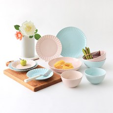 韓國 ZEN 彩色釉面褶紋家用碗盤10件組, 薄荷綠, 莓果粉, 餐具10件, 1套